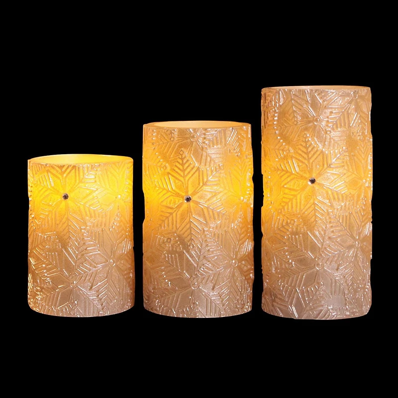 Hometrends Champagne Gold Snowflake LED Pillar Candle Set with Remote Control