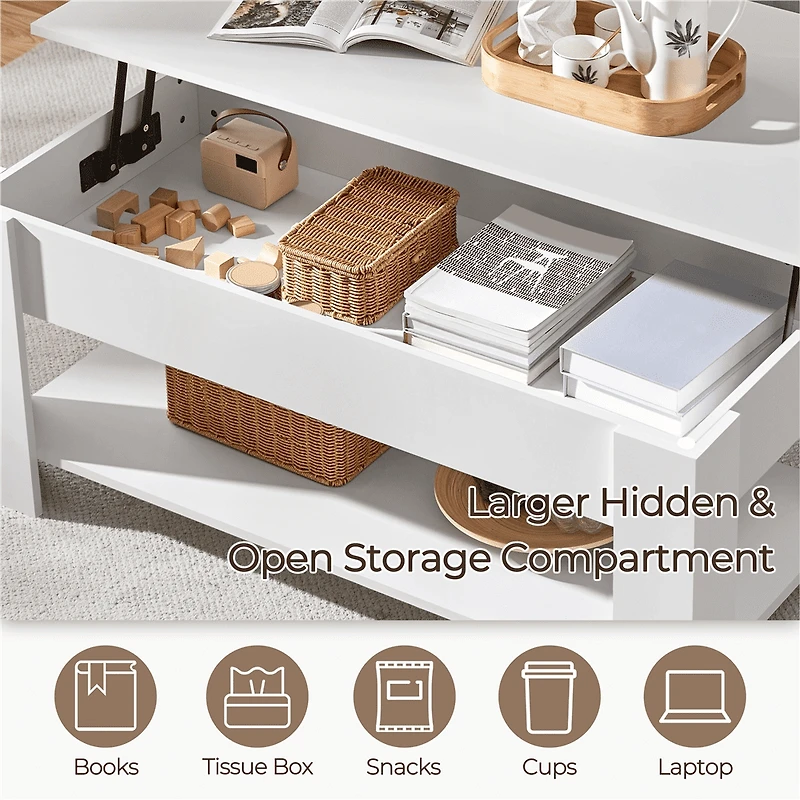 Fullfurnique Lift Top Coffee Table with Large Hidden Compartment and Storage Open Shelf, White