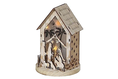 Led Wooden House Nativity Scene Stand Large