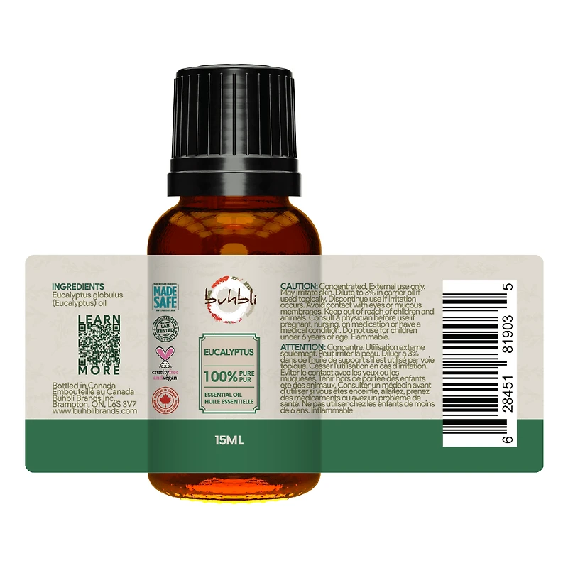 Buhbli Brands – Huile Essentielle d’Eucalyptus 100 % Pure, 15 ml Certifié biologique