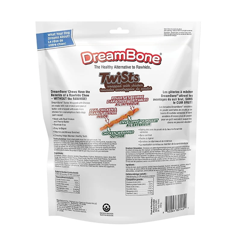 DreamBone Bâtons Torsadés à Mâcher pour Chien Enveloppés de Poulet, Offrez à Votre Chien des Gâteries Faciles à Digérer Sans Cuir Brut, Faites de Véritable Beurre d'Arachide, de Poulet et de Légumes, pour Tous les Chiens