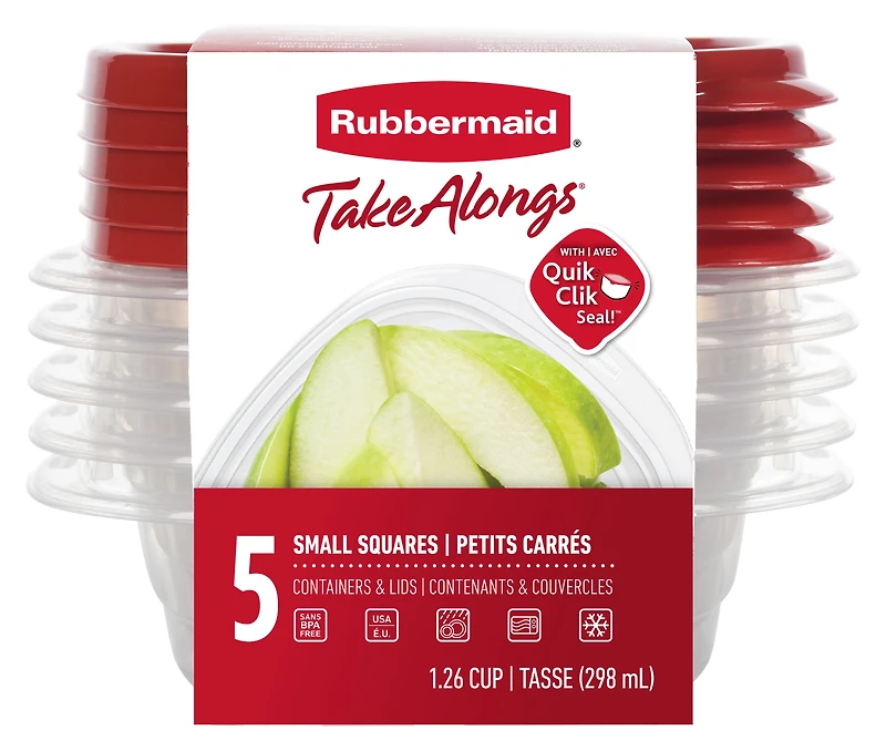 Contenants carrés pour la conservation des aliments Rubbermaid TakeAlongs à emporter, couvercles rouge rubis, 298 ml (1,26 tasse), paquet de 5 Sans BPA