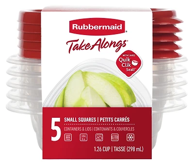 Contenants carrés pour la conservation des aliments Rubbermaid TakeAlongs à emporter, couvercles rouge rubis, 298 ml (1,26 tasse), paquet de 5 Sans BPA