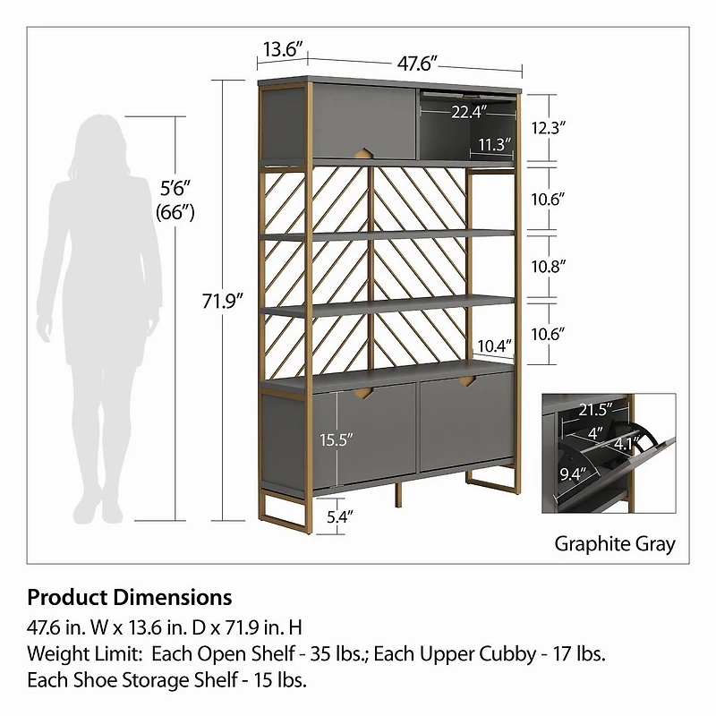 CosmoLiving by Cosmopolitan Brielle Shoe Storage Bookcase & Room Divider, Graphite Gray