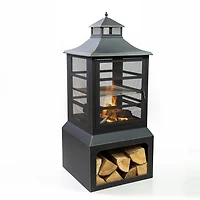 Deko Living 26" Square Outdoor Steel Wood Burning Fireplace with Cast Iron Cooking Grill, Log Storage and Poker