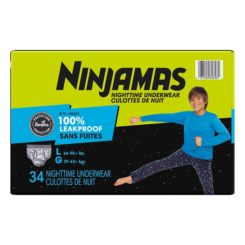Ninjamas Boys Bedwetting Nighttime Underwear, Size L (64-95+ lbs), 34 Count