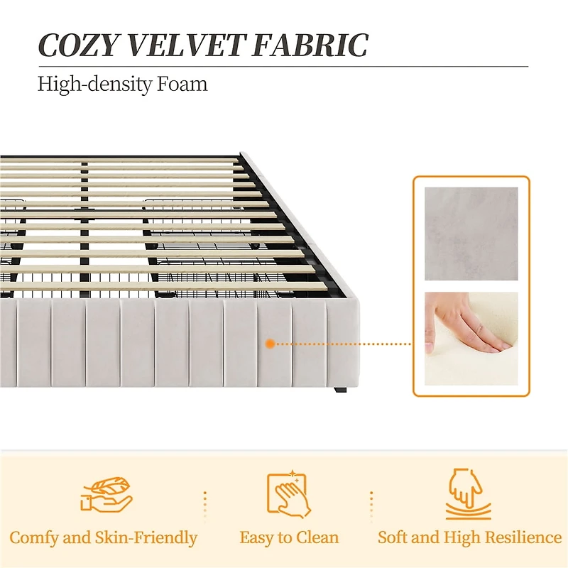 Fullfurnique Upholstered Platform Bed Frame with Three Storage Drawers, Queen, Beige