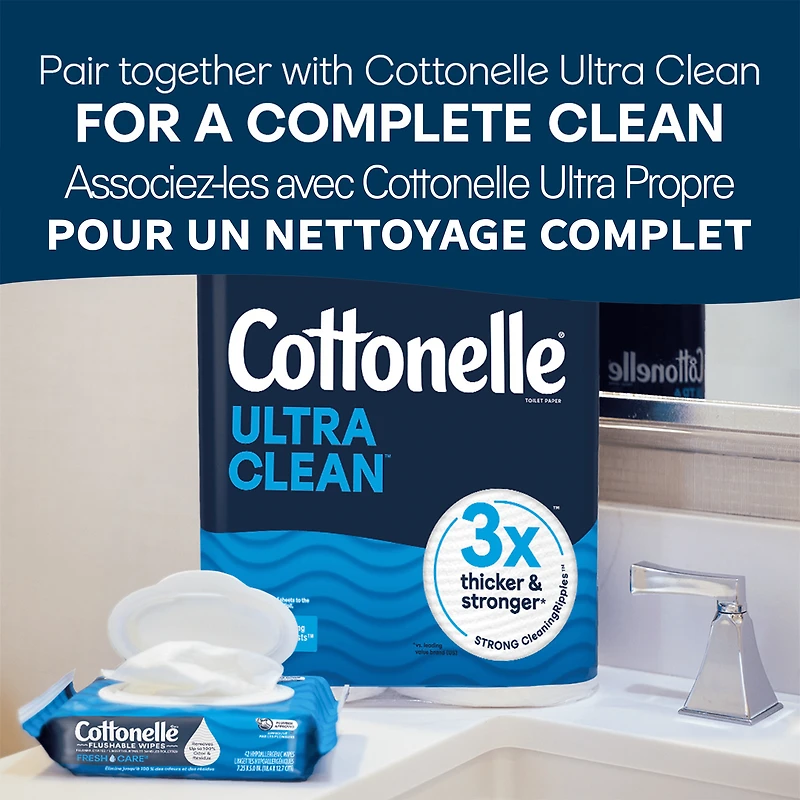 Lingettes humides jetables dans les toilettes Cottonelle Fresh Care, lingettes humides pour adultes, 4 paquets à couvercle rabattable, 42 lingettes par paquet (168 lingettes au total)