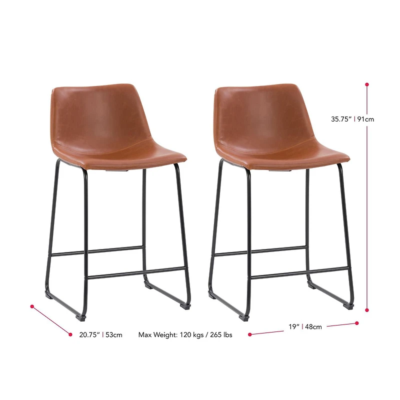 CorLiving Palmer Lot de 2 tabourets de bar d'intérieur modernes à dossier moyen, rembourrés en similicuir et hauteur comptoir