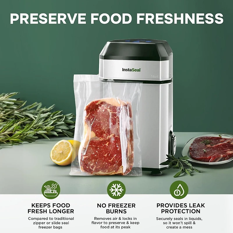 InstaSeal Vacuum Sealer Food Saver Bag Sealer Machine With 12 Food Safe Quart Size Storage Bags Upright Suction Base, Vacuum Sealer