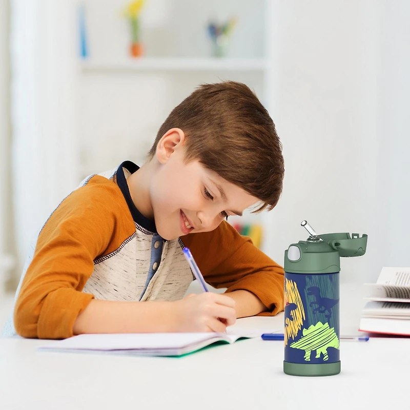 Bouteille isolée à pression de 12 Oz avec paille Funtainer de Thermos, Dinosaures