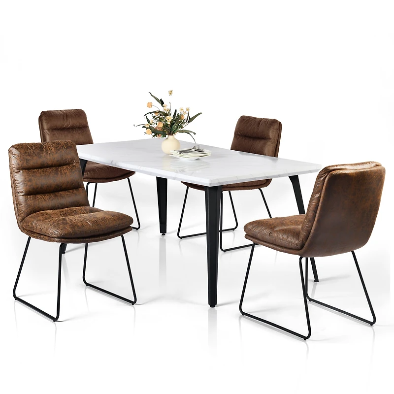 Ensemble de salle à manger Homy Casa avec table en imitation marbre de 160 cm et 4 chaises en similicuir marron pour salles à manger, cuisines et restaurants