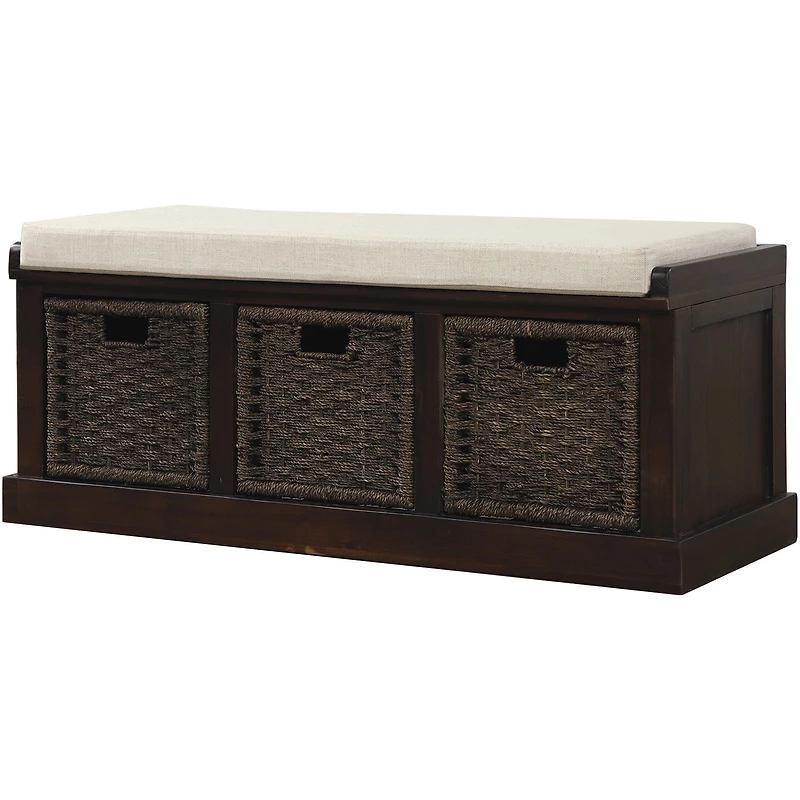 Noble House Rustic Storage Bench with 3 Removable Classic Rattan Basket,Espresso