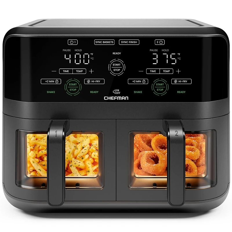 Chefman Dual Basket Digital Air Fryer Oven w/ Easy View Windows, 2 Independent 2.75L (3 Qt) Baskets - Black, New