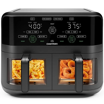 Friteuse à air numérique Chefman à deux paniers avec fenêtres Easy View, 2 paniers indépendants de 2,75L (3 pintes) - Noir, Nouveau