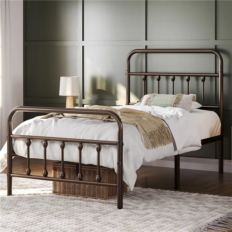 Fullfurnique Classic Iron Platform Bed Frame with High Headboard and Footboard, Twin, Bronze