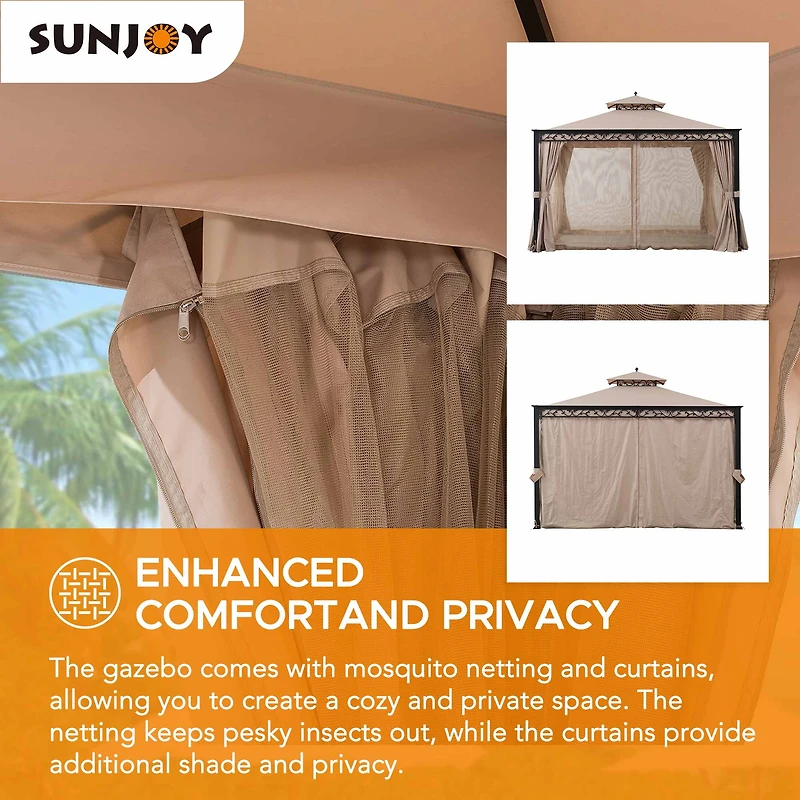 Sunjoy Gazebo à structure en acier 10 x 12 pieds Patio extérieur Gazebo à toit souple à 2 niveaux avec vigne décorative, filet, rideaux et crochet de plafond
