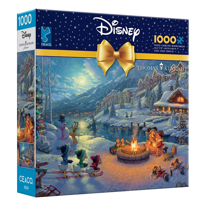 Ceaco Thomas Kinkade Mickey and Minnie Christmas Lodge 1000-Piece Interlocking Jigsaw Puzzle for Adults Ages 14+