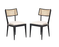 Claudette Dining Chair in Black-Natural, Solid Wood Dining Chair, Natural Rattan Cane Dining Chair, Cushioned Seat,Upholstered Dining Chair - Set 2