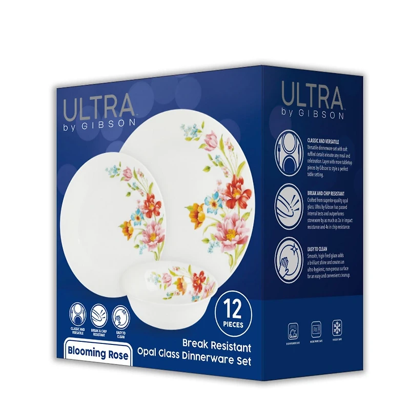 Ultra By Gibson Blooming Rose 12 Piece Dinnerware Set, Decorated, Opal Tempered Glass