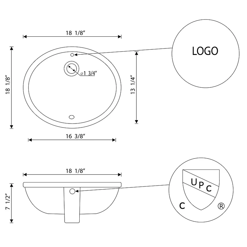American Imaginations 18.125-in. W CUPC Oval Bathroom Undermount Sink Set In White - Black Hardware - Overflow Drain Incl. AI-31795