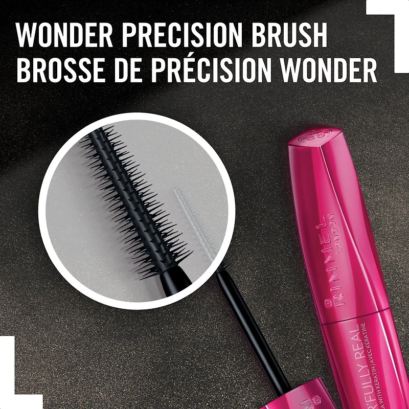Rimmel Mascara hydrofuge Wonder'Fully Real, formule riche et crémeuse à base de kératine, des cils longs et fournis, 100% Sans Cruauté Longueur étonnante