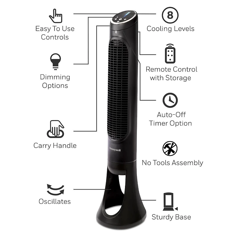 Ventilateur tour QuietSetMD HYF290BC Honeywell – Pièce entière, 40 po, 8 vitesses, Noir