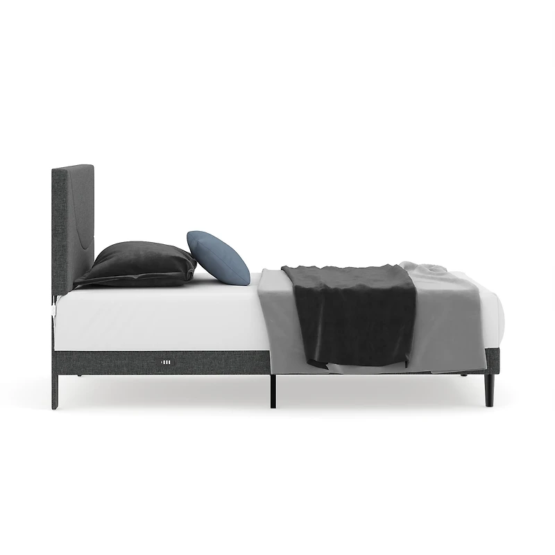 Lit simple rembourré Homy Casa avec chargeur et éclairage DEL, tête de lit moderne, gris