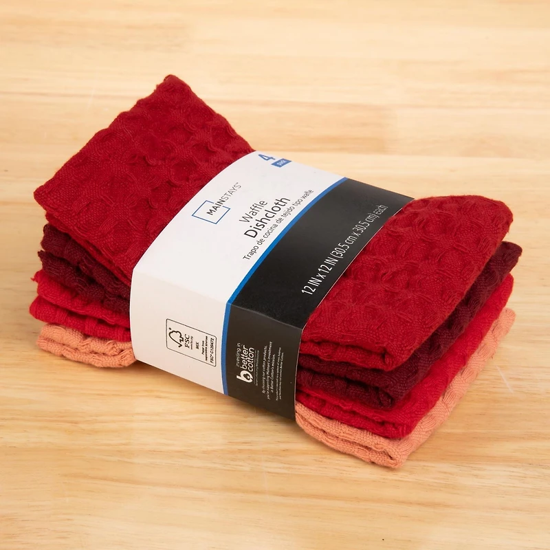 Mainstays 4 Pieces, Waffle Dishcloths, Red, 4 PACK WAFFLE DISH CLOTH