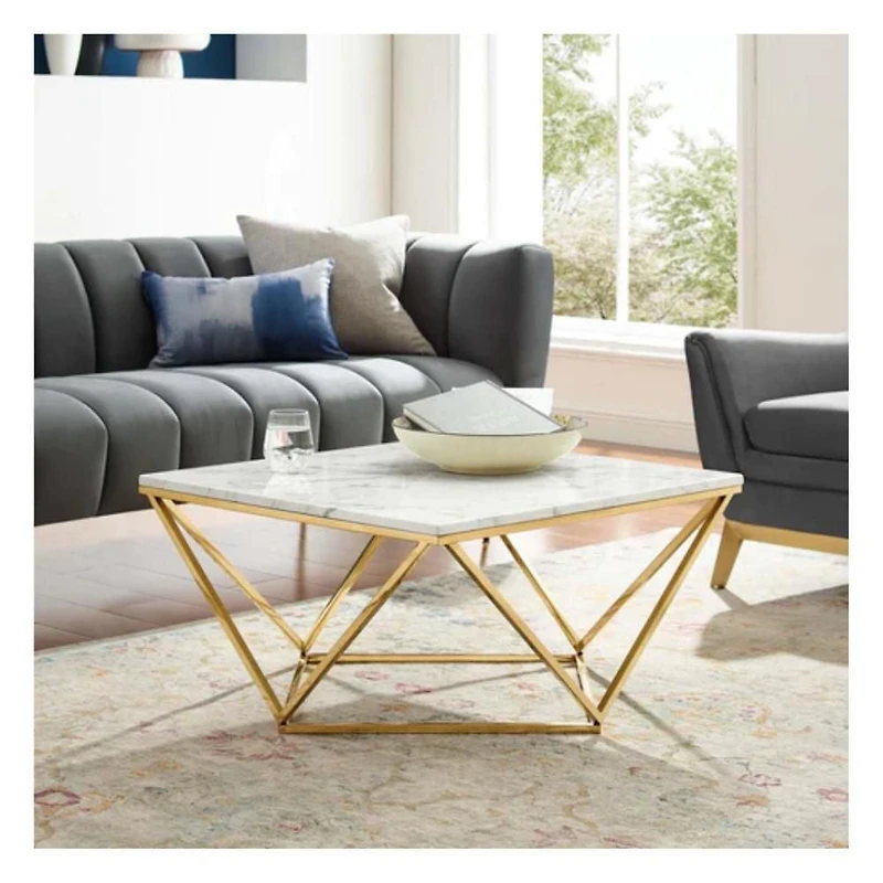Beene Modern Coffee Table with Faux Marble Top and Stainless Metal Frame in Gold