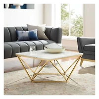 Beene Modern Coffee Table with Faux Marble Top and Stainless Metal Frame in  Gold