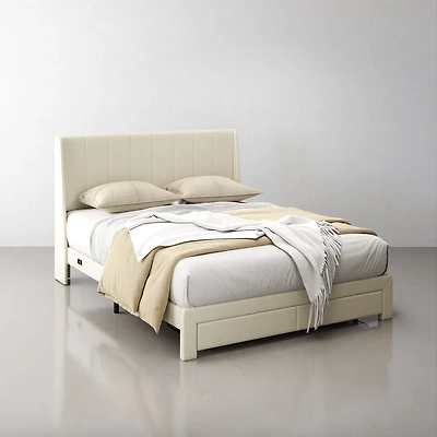 Lit rembourré Homy Casa moderne avec tiroirs et ports USB, Queen, beige