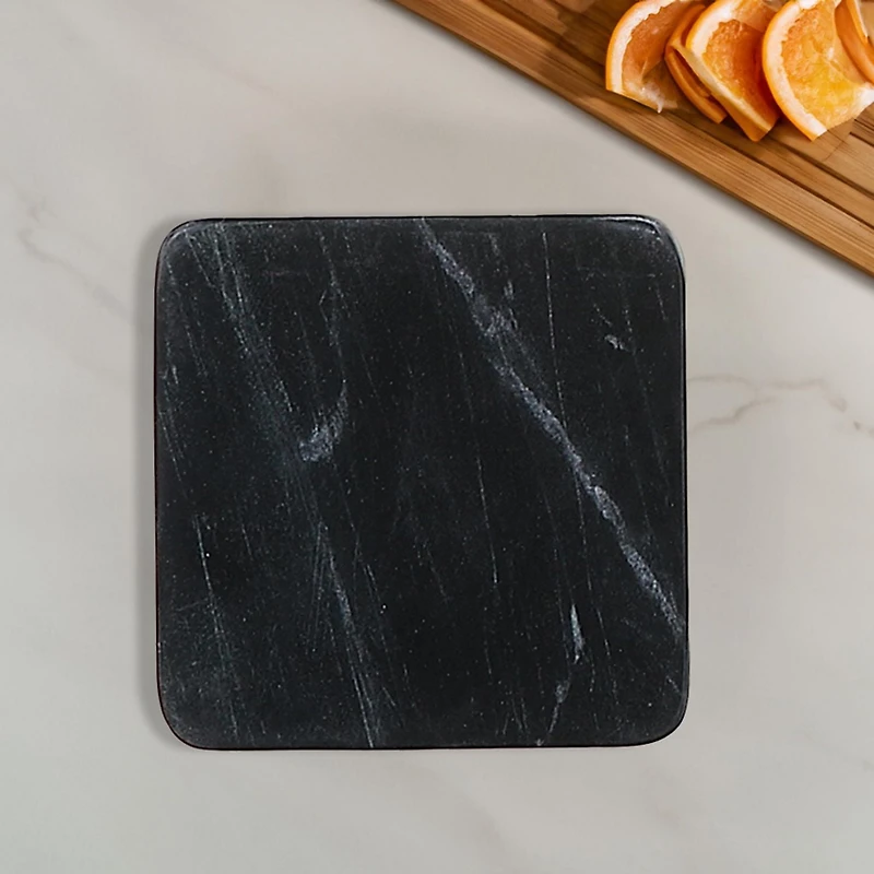 4Pc Marble Square Coaster 4X4" Black