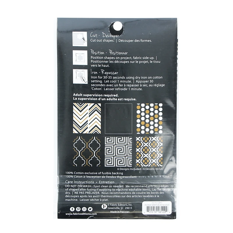 Tissu thermocollant Fabric Expressions à motif noir, or et blanc de 8" x 9"