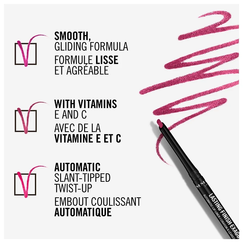 Rimmel Crayon à lèvres automatique Lasting Finish Exaggerate, crémeux, mélange de cire, silicone volatil et vitamines (E,C), 100% Sans Cruauté Crayon à lèvres longue tenue