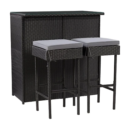 CorLiving Parksville Ensemble de bar de patio 3 pièces en résine noire, en osier et en acier, élégant et durable, avec tabourets de bar et coussins gris
