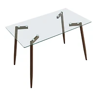 Table à manger rectangulaire moderne avec plateau en verre trempé élégant, pieds en métal style noyer, parfaite pour 4 personnes