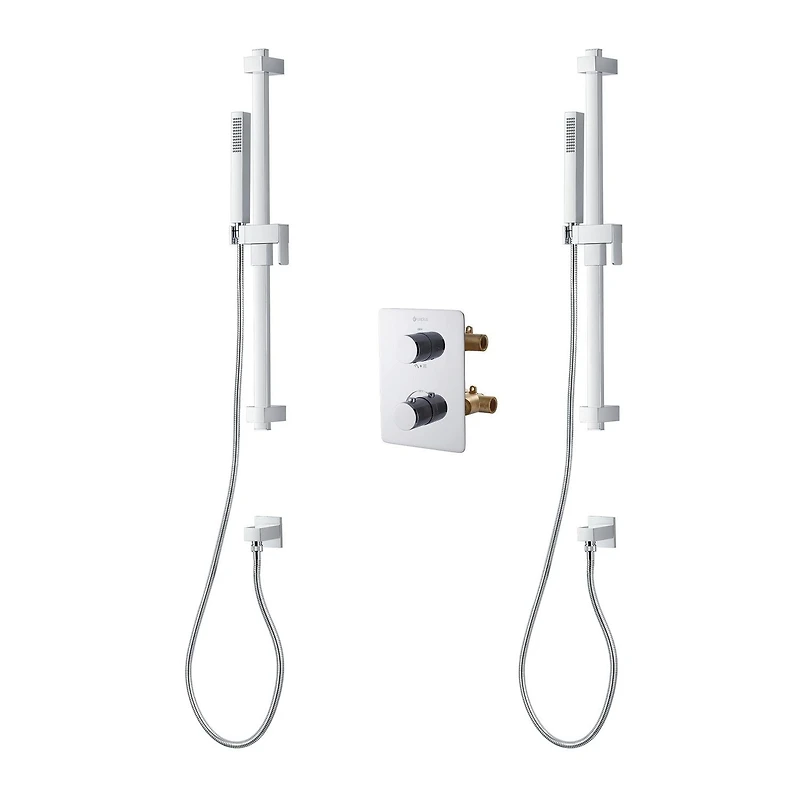 The akuaplus® square thermostatic Shower Set with 4-Way Diverter and with stop, 2 Hand Showers, 2 shower posts, or simultaneously, Chrome Finish.