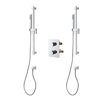 The akuaplus® square thermostatic Shower Set with 4-Way Diverter and with stop, 2 Hand Showers, 2 shower posts, or simultaneously, Chrome Finish.