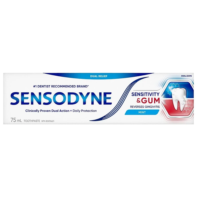 Dentifrice Sensodyne pour dents sensibles et saignement de gencives, dentifrice au fluorure, menthe, 75 mL Menthe, 75 mL