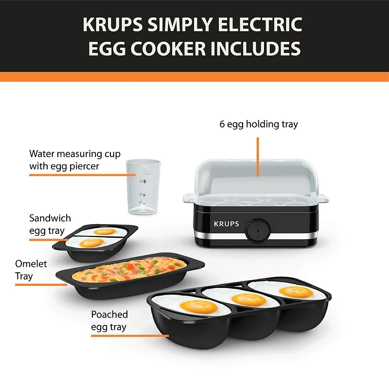 KRUPS Simply Electric Rapid Egg Cooker,  6-Egg Capacity for Hard Boil, Poached, Scrambled, Omelet
