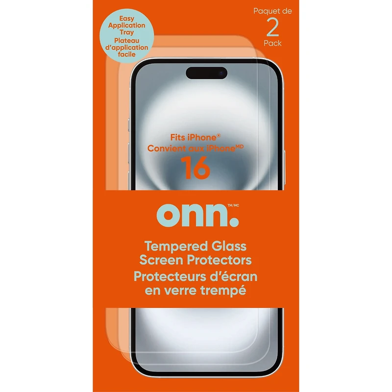 Onn. 2-Pack iPhone 16 Premium Japanese Tempered Glass Screen Protector with Easy Application Tray