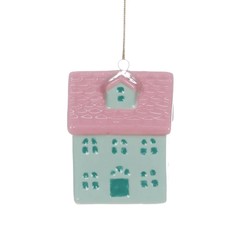 HOLIDAY TIME GREEN CERAMIC VILLAGE ORNAMENT