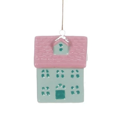 HOLIDAY TIME GREEN CERAMIC VILLAGE ORNAMENT