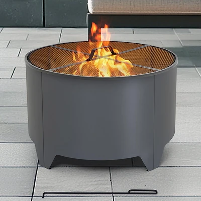 Sunjoy Foyer extérieur rond de 66 cm (26 po), foyer à bois avec couvercle en PVC, Gris