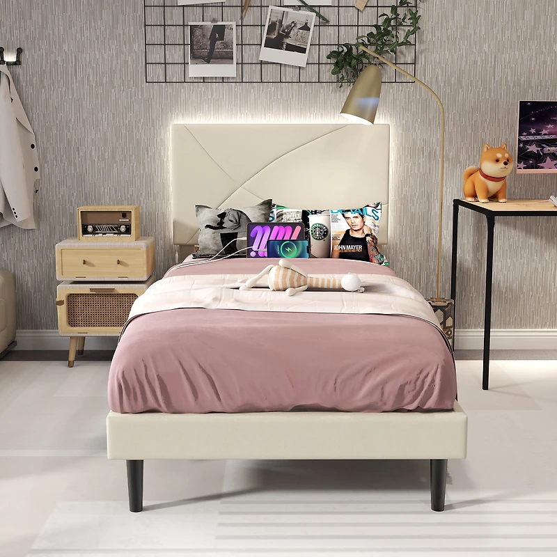 Lit simple rembourré Homy Casa avec éclairage DEL, ports USB et tête de lit rembourrée pour chambre d'enfant, beige