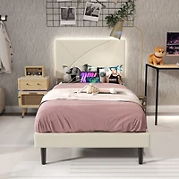 Lit simple rembourré Homy Casa avec éclairage DEL, ports USB et tête de lit rembourrée pour chambre d'enfant, beige