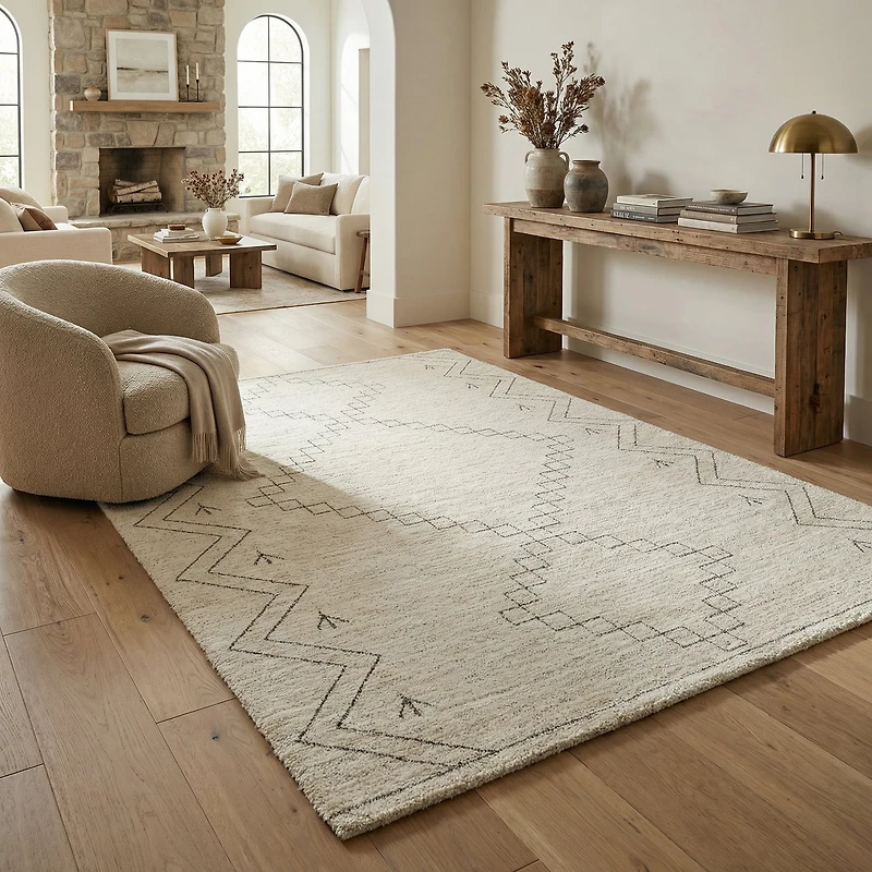 Tapis d'interieur abstrait Rug Branch Casa, beige creme, boheme - Salon, chambre, salle a manger et cuisine