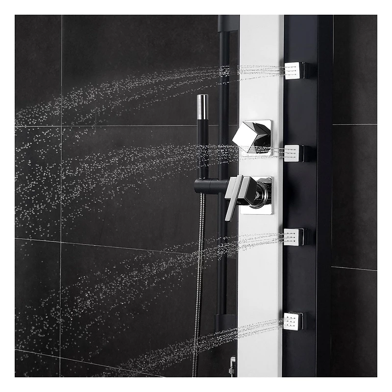 La colonne de douche MALI en acier inoxydable d'akuaplus®  avec cartouche à balancée équilibré et déviateurs 3 voies, 4 jets de corps orientable en laiton, Pommeau de 8 po et  douchette en laiton.