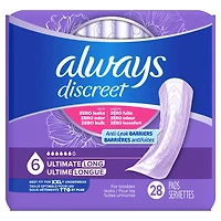 Always Discreet Adult Incontinence Pads for Women, Ultimate Absorbency, Long Length, Postpartum Pads, 28 Count